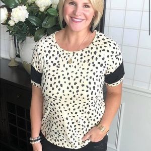 Animal print blouse w/ black band around sleeves.